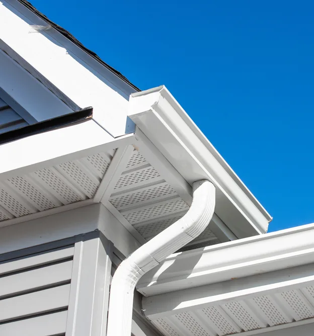 White residential gutter and downspout along a roofline